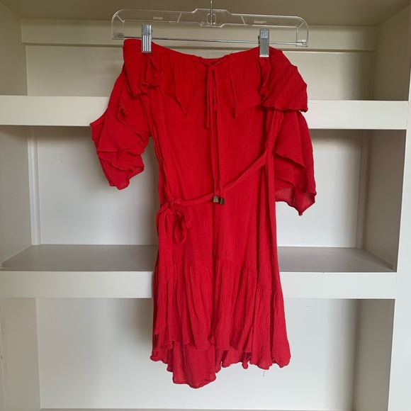 red off the shoulder mini dress